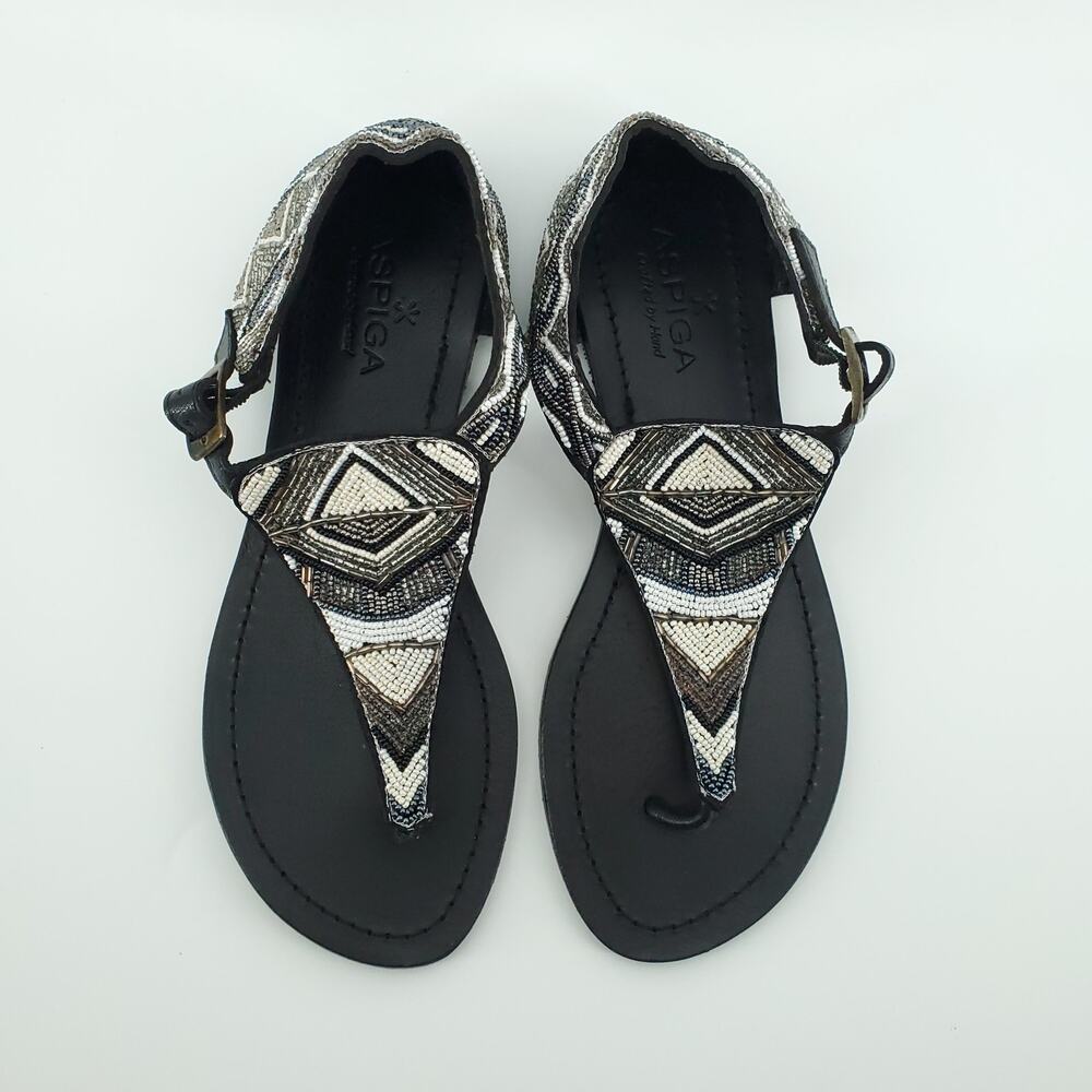 Aspiga Black Silver White T-Strap Hand-beaded Ankle Cuff Sandals Buckle Clasp 38 - Picture 6 of 11